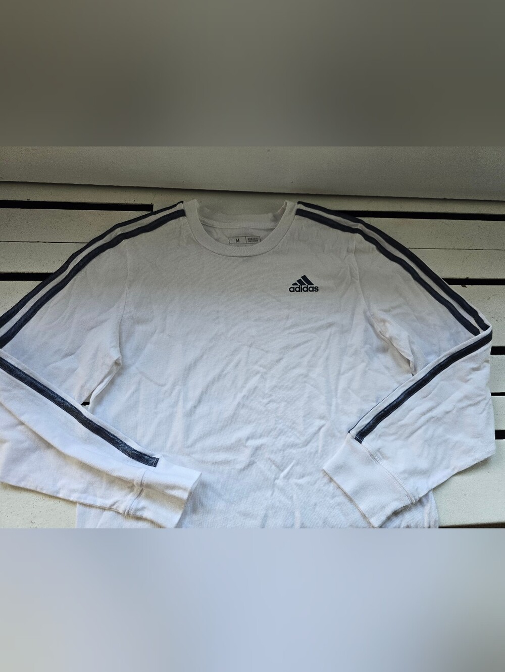 adidas White Long Sleeve Crew with Navy Stripes